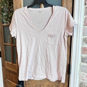 Madewell Whisper Cotton V-Neck Pocket Tee Women M Pink Slub Short Sleeve G9092